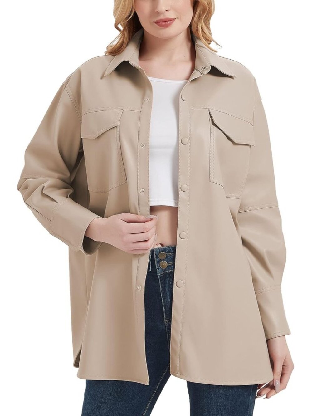 Women’s Beige Faux Leather Shacket Relaxed Fit Button Up Shirt Jacket